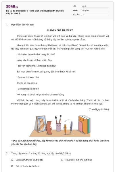Bộ 10 đề thi cuối kì 2 Tiếng Việt lớp 2 Kết nối tri thức có đáp án - Đề 9