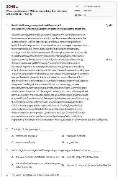 (Viên chức Mầm non) 650 câu trắc nghiệm Đọc hiểu tiếng Anh có đáp án - Phần 13