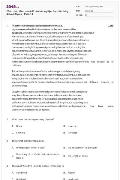 (Viên chức Mầm non) 650 câu trắc nghiệm Đọc hiểu tiếng Anh có đáp án - Phần 14