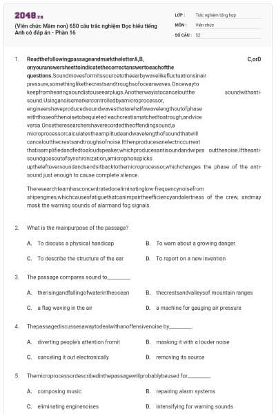 (Viên chức Mầm non) 650 câu trắc nghiệm Đọc hiểu tiếng Anh có đáp án - Phần 16