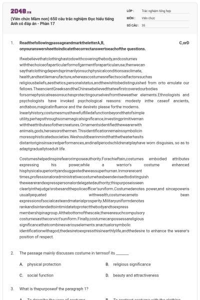 (Viên chức Mầm non) 650 câu trắc nghiệm Đọc hiểu tiếng Anh có đáp án - Phần 17