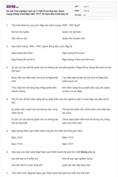 36 câu  Trắc nghiệm Lịch sử 11 Bài 9 (có đáp án): Cách mạng tháng mười Nga năm 1917 và cuộc đấu tranh bảo vệ