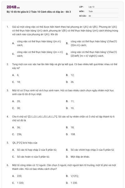 Bộ 10 đề thi giữa kì 2 Toán 10 Cánh diều có đáp án - Đề 3