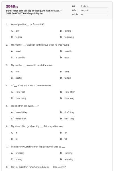 Đề thi tuyển sinh vào lớp 10 Tiếng Anh năm học 2017 - 2018 Sở GD&ĐT Đà Nẵng có đáp án