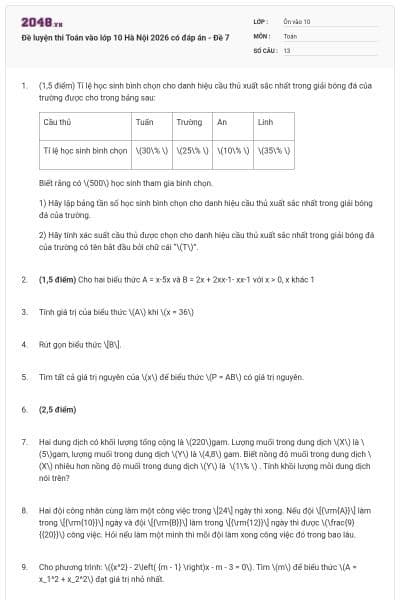 Đề luyện thi Toán vào lớp 10 Hà Nội 2026 có đáp án - Đề 7