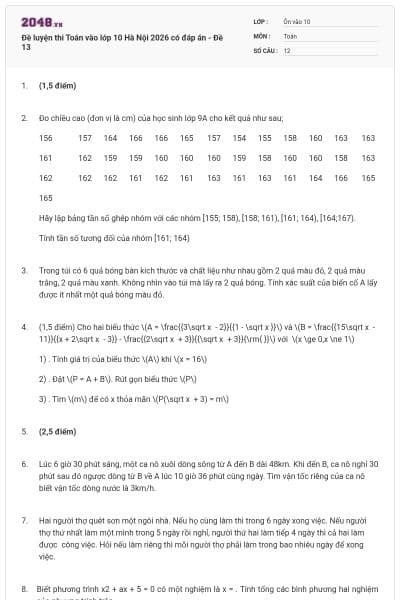 Đề luyện thi Toán vào lớp 10 Hà Nội 2026 có đáp án - Đề 13