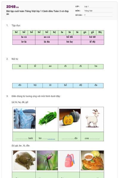 Bài tập cuối tuần Tiếng Việt lớp 1 Cánh diều Tuần 3 có đáp án