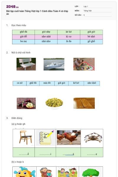 Bài tập cuối tuần Tiếng Việt lớp 1 Cánh diều Tuần 4 có đáp án
