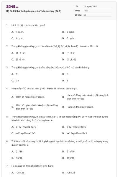 Bộ đề thi thử thpt quốc gia môn Toán cực hay (đề 9)