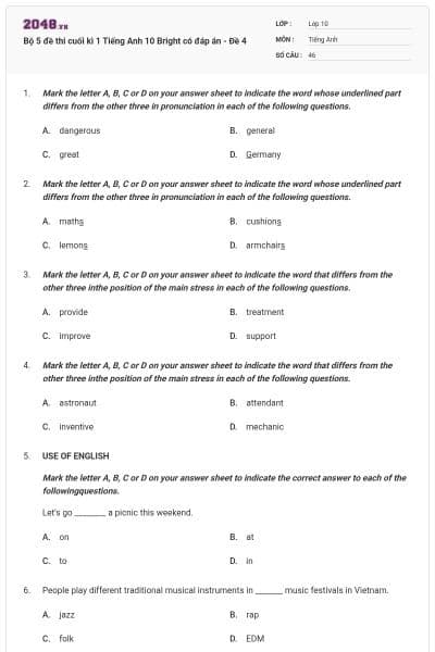 Bộ 5 đề thi cuối kì 1 Tiếng Anh 10 Bright có đáp án - Đề 4