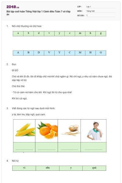 Bài tập cuối tuần Tiếng Việt lớp 1 Cánh diều Tuần 7 có đáp án