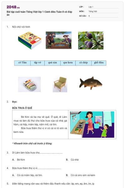 Bài tập cuối tuần Tiếng Việt lớp 1 Cánh diều Tuần 8 có đáp án