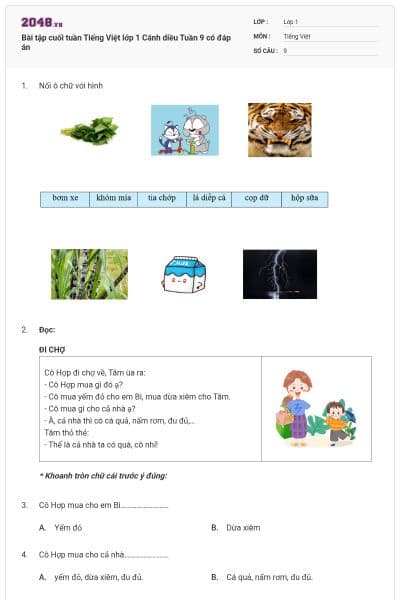 Bài tập cuối tuần Tiếng Việt lớp 1 Cánh diều Tuần 9 có đáp án