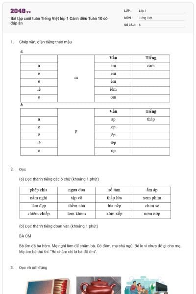 Bài tập cuối tuần Tiếng Việt lớp 1 Cánh diều Tuần 10 có đáp án