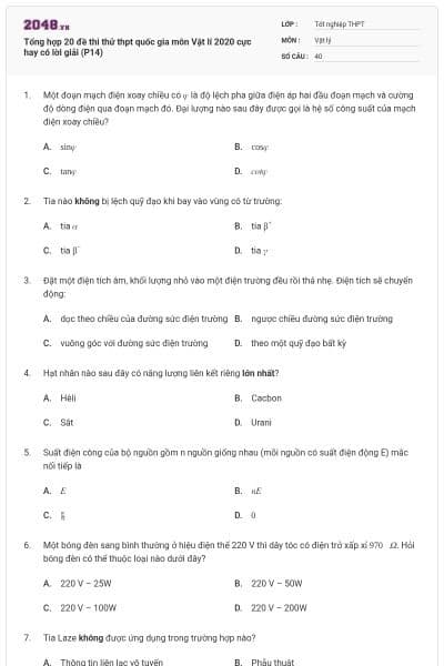 Tổng hợp 20 đề thi thử thpt quốc gia môn Vật lí 2020 cực hay có lời giải (P14)