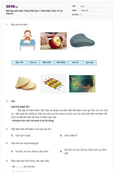 Bài tập cuối tuần Tiếng Việt lớp 1 Cánh diều Tuần 13 có đáp án