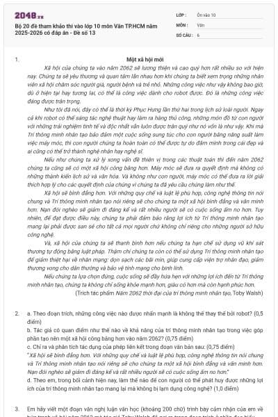 Bộ 20 đề tham khảo thi vào lớp 10 môn Văn TP.HCM năm 2025-2026 có đáp án - Đề số 13