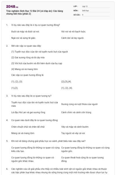 Trắc nghiệm Sinh Học 12 Bài 24 (có đáp án): Các bằng chứng tiến hóa (phần 2)