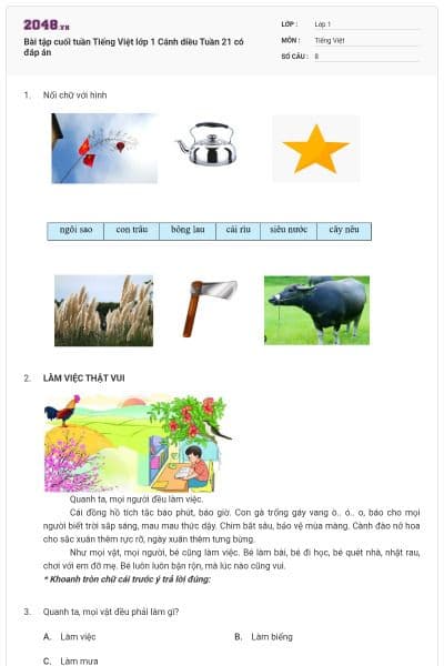 Bài tập cuối tuần Tiếng Việt lớp 1 Cánh diều Tuần 21 có đáp án