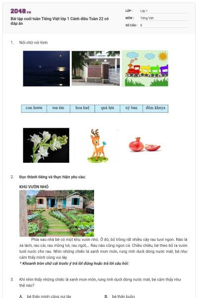 Bài tập cuối tuần Tiếng Việt lớp 1 Cánh diều Tuần 22 có đáp án