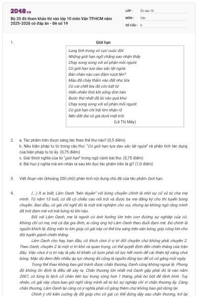 Bộ 20 đề tham khảo thi vào lớp 10 môn Văn TP.HCM năm 2025-2026 có đáp án - Đề số 19