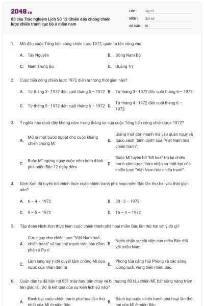 83 câu  Trắc nghiệm Lịch Sử 12 Chiến đấu chống chiến lược chiến tranh cục bộ ở miền nam