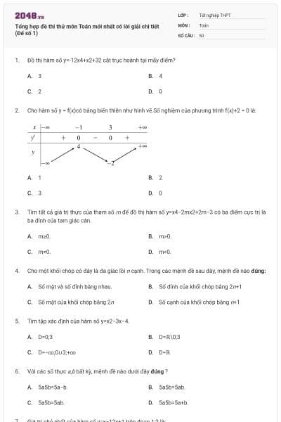 Tổng hợp đề thi thử môn Toán mới nhất có lời giải chi tiết (Đế số 1)