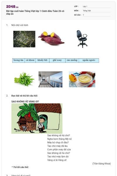 Bài tập cuối tuần Tiếng Việt lớp 1 Cánh diều Tuần 26 có đáp án