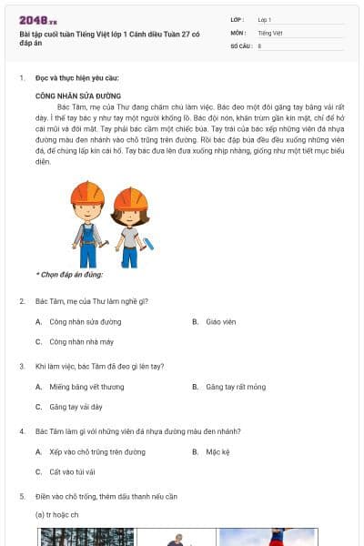 Bài tập cuối tuần Tiếng Việt lớp 1 Cánh diều Tuần 27 có đáp án