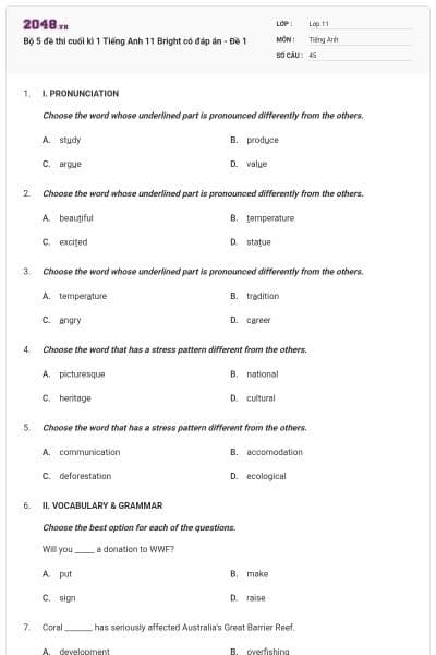 Bộ 5 đề thi cuối kì 1 Tiếng Anh 11 Bright có đáp án - Đề 1