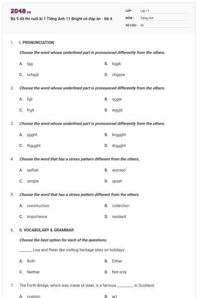 Bộ 5 đề thi cuối kì 1 Tiếng Anh 11 Bright có đáp án - Đề 4