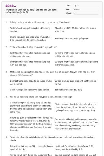 Trắc nghiệm Sinh Học 12 Bài 24 (có đáp án): Các bằng chứng tiến hóa (phần 3)