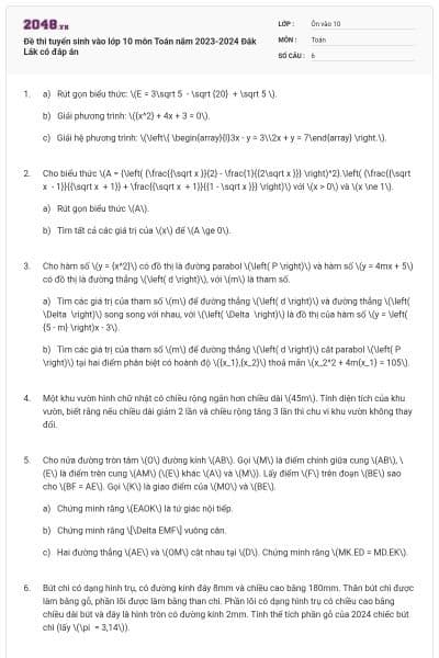Đề thi tuyển sinh vào lớp 10 môn Toán năm 2023-2024 Đắk Lắk có đáp án