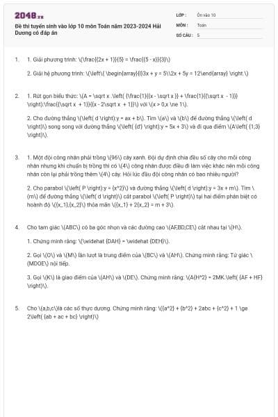 Đề thi tuyển sinh vào lớp 10 môn Toán năm 2023-2024 Hải Dương có đáp án