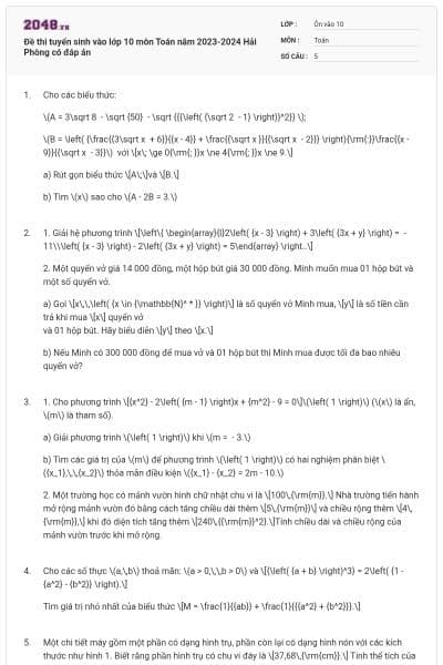 Đề thi tuyển sinh vào lớp 10 môn Toán năm 2023-2024 Hải Phòng có đáp án