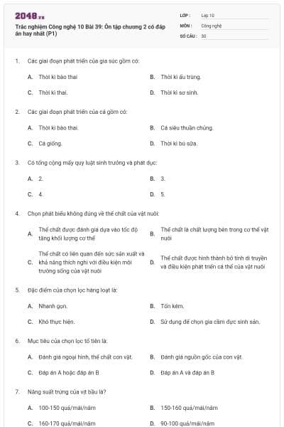 Trắc nghiệm Công nghệ 10 Bài 39: Ôn tập chương 2 có đáp án hay nhất (P1)