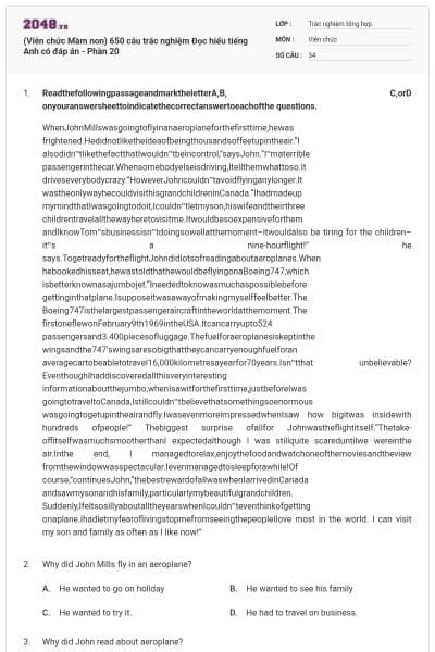 (Viên chức Mầm non) 650 câu trắc nghiệm Đọc hiểu tiếng Anh có đáp án - Phần 20