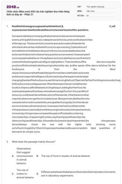 (Viên chức Mầm non) 650 câu trắc nghiệm Đọc hiểu tiếng Anh có đáp án - Phần 21