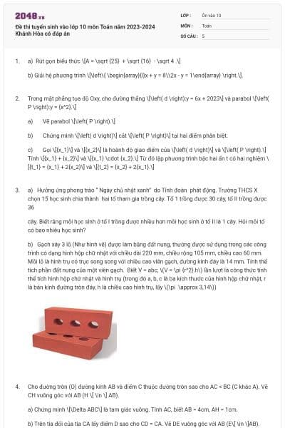 Đề thi tuyển sinh vào lớp 10 môn Toán năm 2023-2024 Khánh Hòa có đáp án
