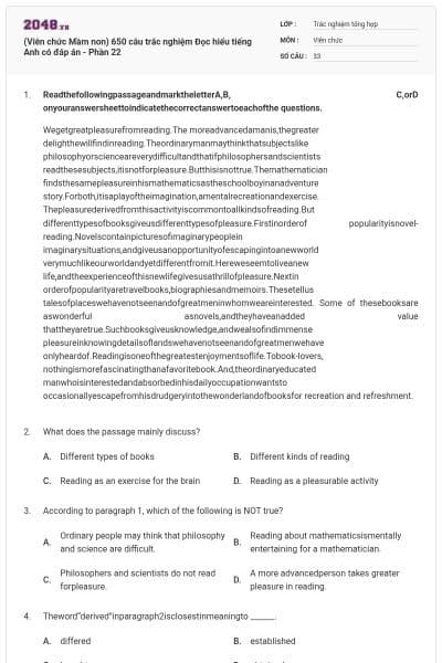 (Viên chức Mầm non) 650 câu trắc nghiệm Đọc hiểu tiếng Anh có đáp án - Phần 22