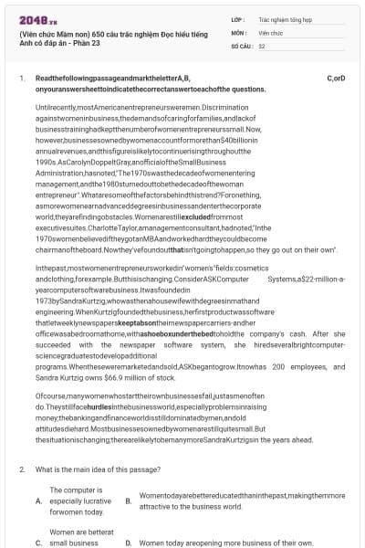 (Viên chức Mầm non) 650 câu trắc nghiệm Đọc hiểu tiếng Anh có đáp án - Phần 23