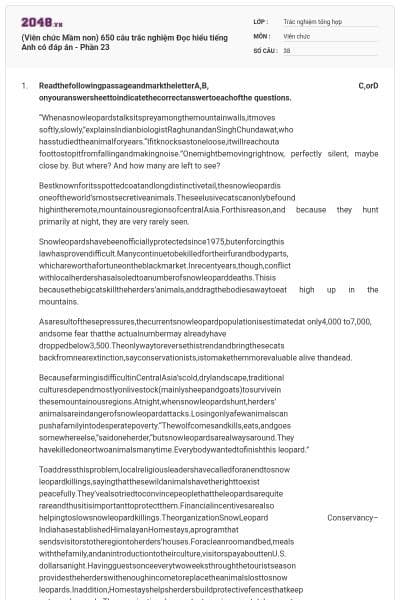 (Viên chức Mầm non) 650 câu trắc nghiệm Đọc hiểu tiếng Anh có đáp án - Phần 23