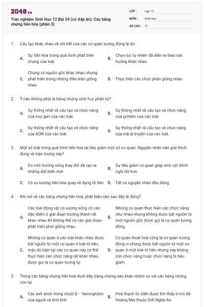 Trắc nghiệm Sinh Học 12 Bài 24 (có đáp án): Các bằng chứng tiến hóa (phần 3)