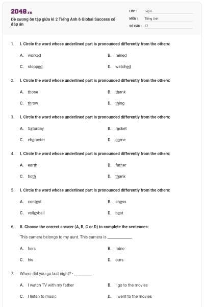 Đề cương ôn tập giữa kì 2 Tiếng Anh 6 Global Success có đáp án