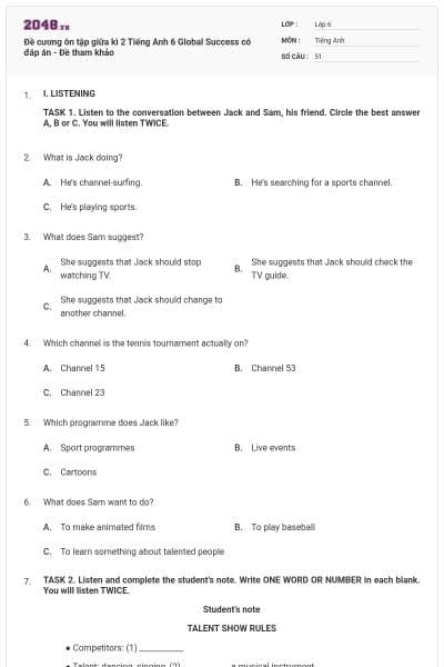 Đề cương ôn tập giữa kì 2 Tiếng Anh 6 Global Success có đáp án - Đề tham khảo