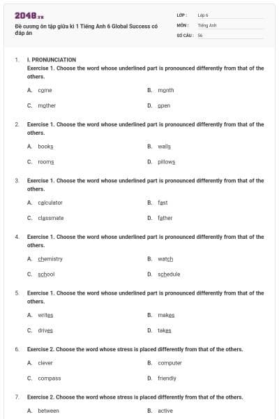 Đề cương ôn tập giữa kì 1 Tiếng Anh 6 Global Success có đáp án