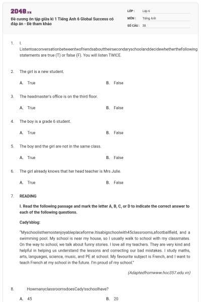 Đề cương ôn tập giữa kì 1 Tiếng Anh 6 Global Success có đáp án - Đề tham khảo
