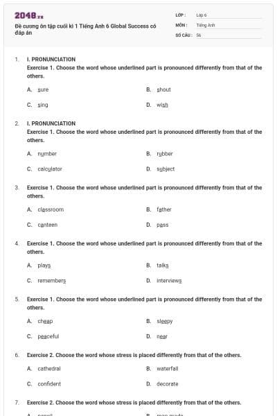 Đề cương ôn tập cuối kì 1 Tiếng Anh 6 Global Success có đáp án
