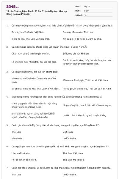 14 câu  Trắc nghiệm Địa Lí 11 Bài 11 (có đáp án): Khu vực Đông Nam Á (Phần 8)