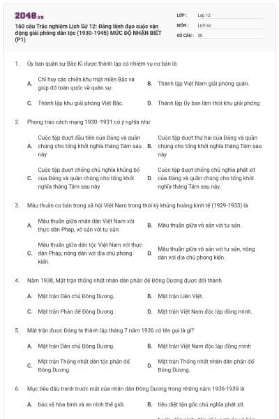 160 câu Trắc nghiệm Lịch Sử 12: Đảng lãnh đạo cuộc vận động giải phóng dân tộc (1930-1945) MỨC ĐỘ NHẬN BIẾT (P1)